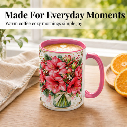 #pl[15oz|Pink] Pink Amaryllis Coffee Mug, Christmas Botanical Mug, Ceramic Cup