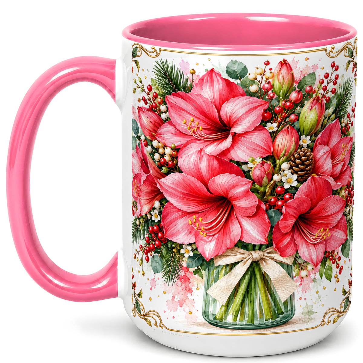 #pl[15oz|Pink] Pink Amaryllis Coffee Mug, Christmas Botanical Mug, Ceramic Cup
