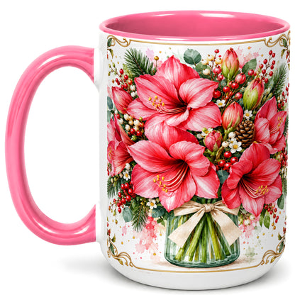#pl[15oz|Pink] Pink Amaryllis Coffee Mug, Christmas Botanical Mug, Ceramic Cup