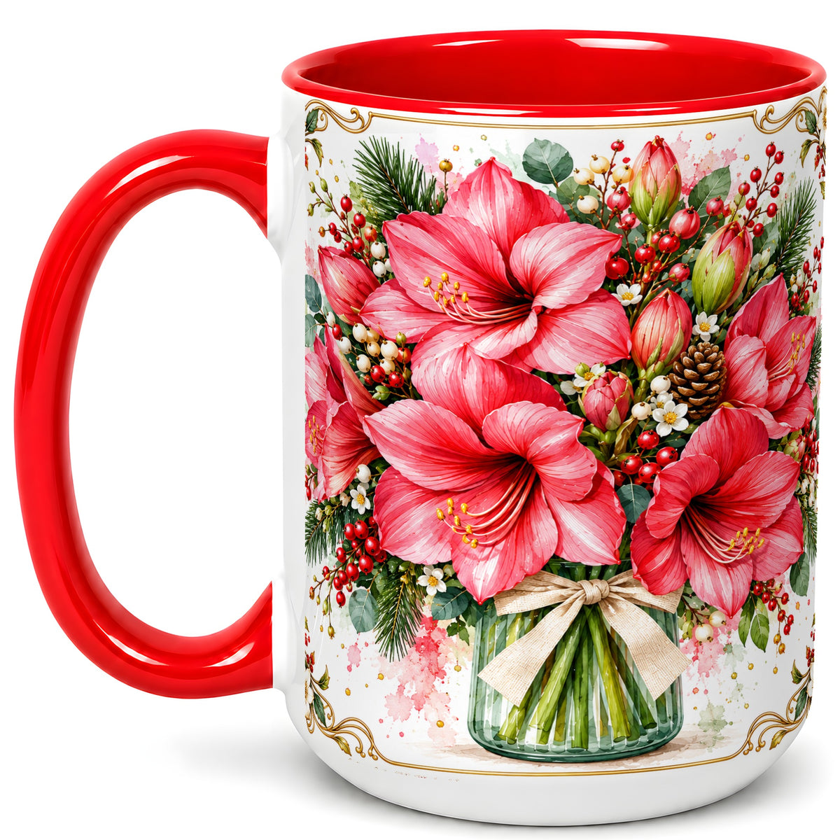 #pl[15oz|Red] Pink Amaryllis Coffee Mug, Christmas Botanical Mug, Ceramic Cup