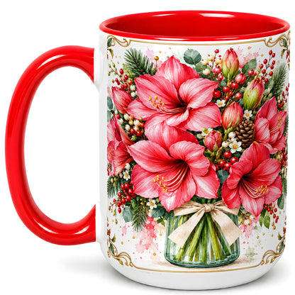 #pl[15oz|Red] Pink Amaryllis Coffee Mug, Christmas Botanical Mug, Ceramic Cup