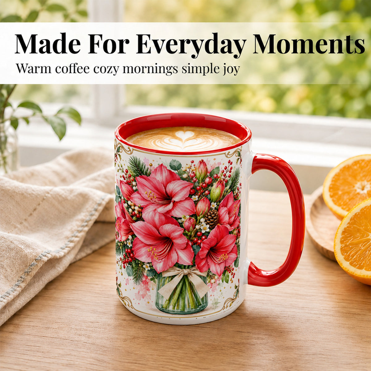 #pl[15oz|Red] Pink Amaryllis Coffee Mug, Christmas Botanical Mug, Ceramic Cup