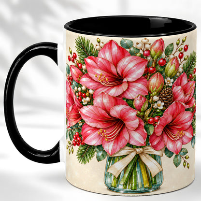 #pl[11oz|Black] Pink Amaryllis Coffee Mug, Gold Accent Floral Mug, Ceramic Cup