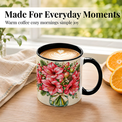 #pl[11oz|Black] Pink Amaryllis Coffee Mug, Gold Accent Floral Mug, Ceramic Cup