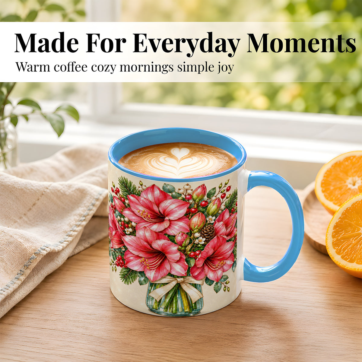 #pl[11oz|Blue] Pink Amaryllis Coffee Mug, Gold Accent Floral Mug, Ceramic Cup