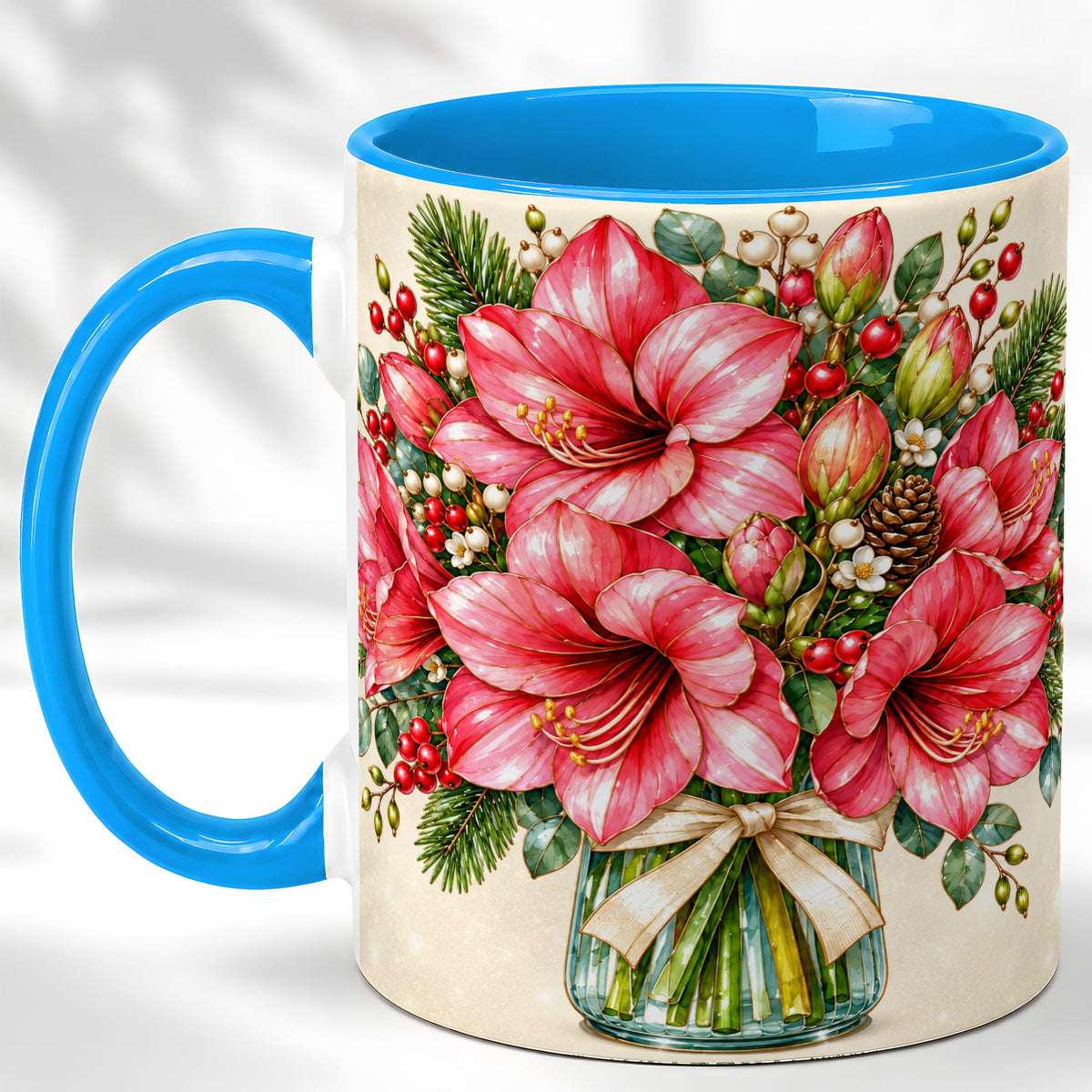 #pl[11oz|Blue] Pink Amaryllis Coffee Mug, Gold Accent Floral Mug, Ceramic Cup