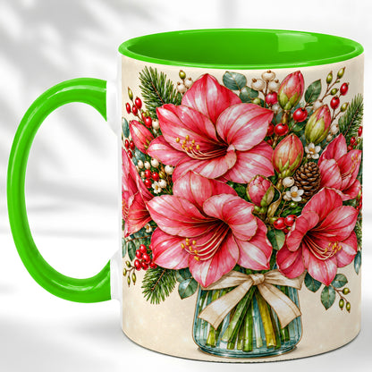 #pl[11oz|Green] Pink Amaryllis Coffee Mug, Gold Accent Floral Mug, Ceramic Cup