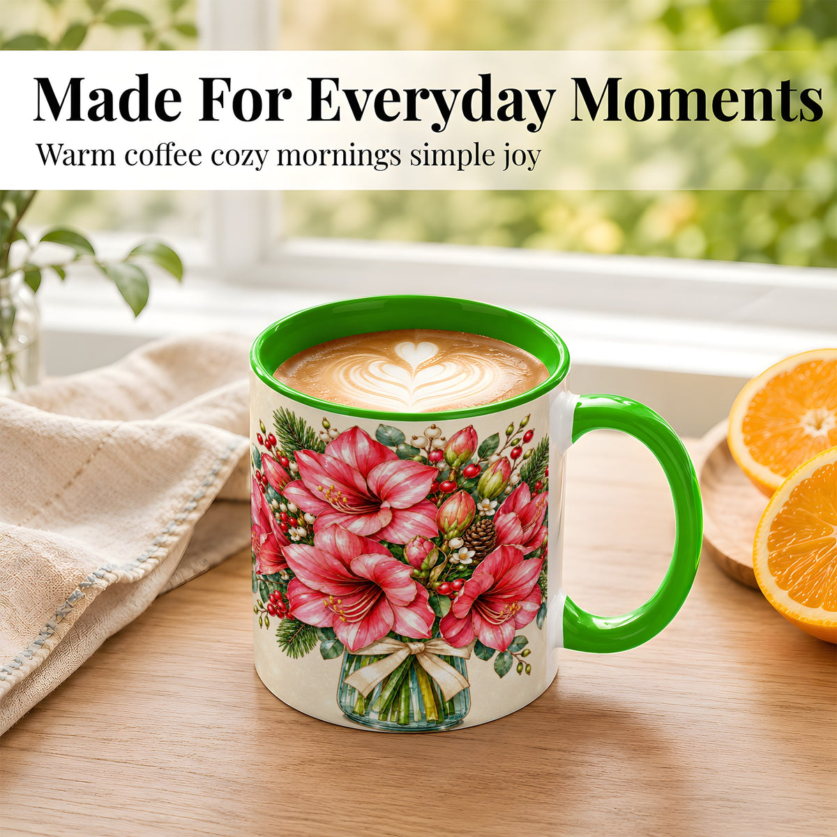 #pl[11oz|Green] Pink Amaryllis Coffee Mug, Gold Accent Floral Mug, Ceramic Cup