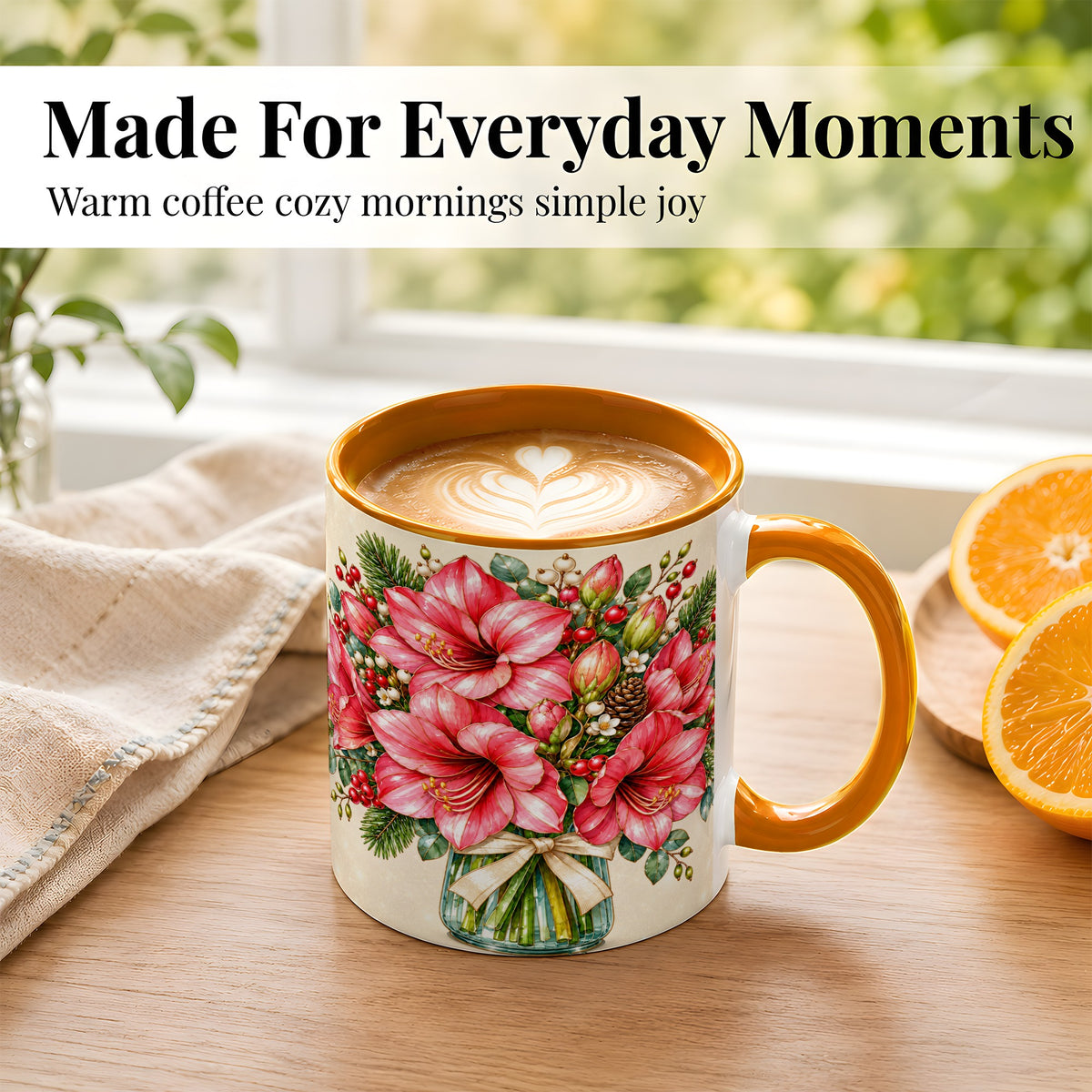 #pl[11oz|Orange] Pink Amaryllis Coffee Mug, Gold Accent Floral Mug, Ceramic Cup