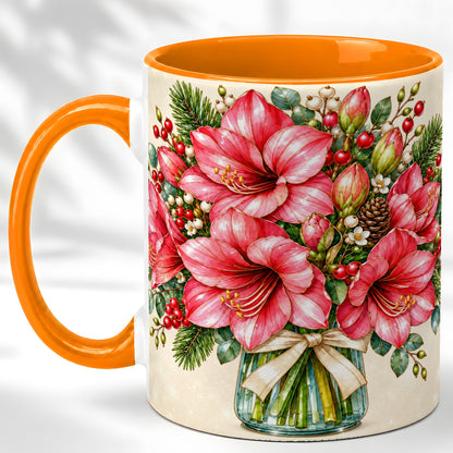 #pl[11oz|Orange] Pink Amaryllis Coffee Mug, Gold Accent Floral Mug, Ceramic Cup