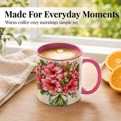 #pl[11oz|Pink] Pink Amaryllis Coffee Mug, Gold Accent Floral Mug, Ceramic Cup