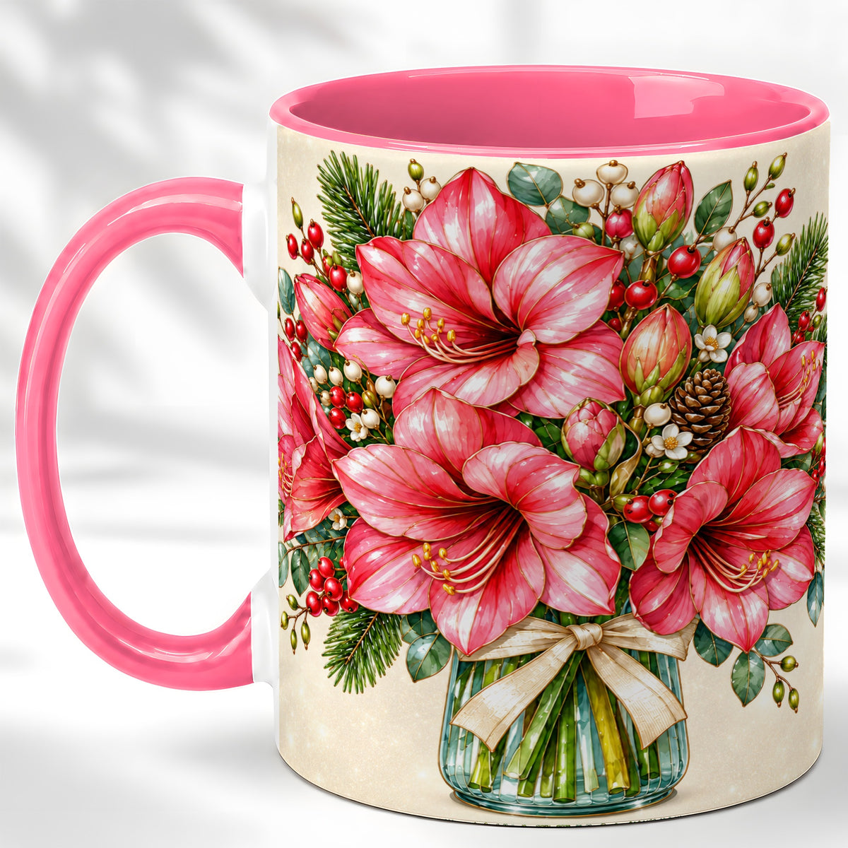 #pl[11oz|Pink] Pink Amaryllis Coffee Mug, Gold Accent Floral Mug, Ceramic Cup