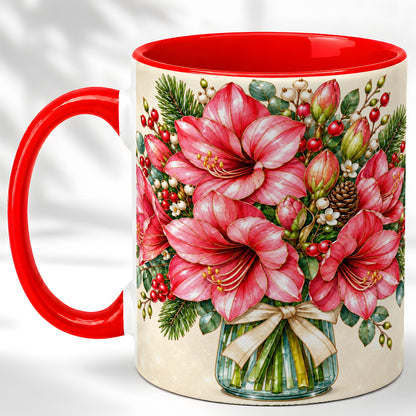 Pink Amaryllis Coffee Mug, Gold Accent Floral Mug, Ceramic Cup
