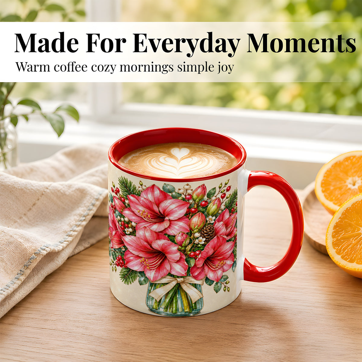 #pl[11oz|Red] Pink Amaryllis Coffee Mug, Gold Accent Floral Mug, Ceramic Cup