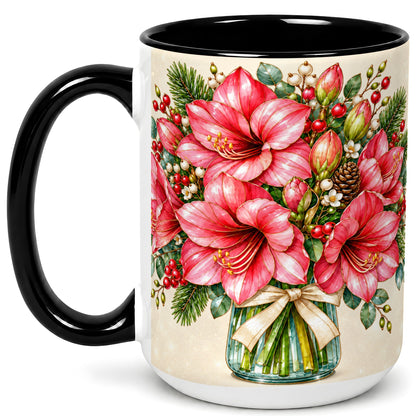 #pl[15oz|Black] Pink Amaryllis Coffee Mug, Gold Accent Floral Mug, Ceramic Cup