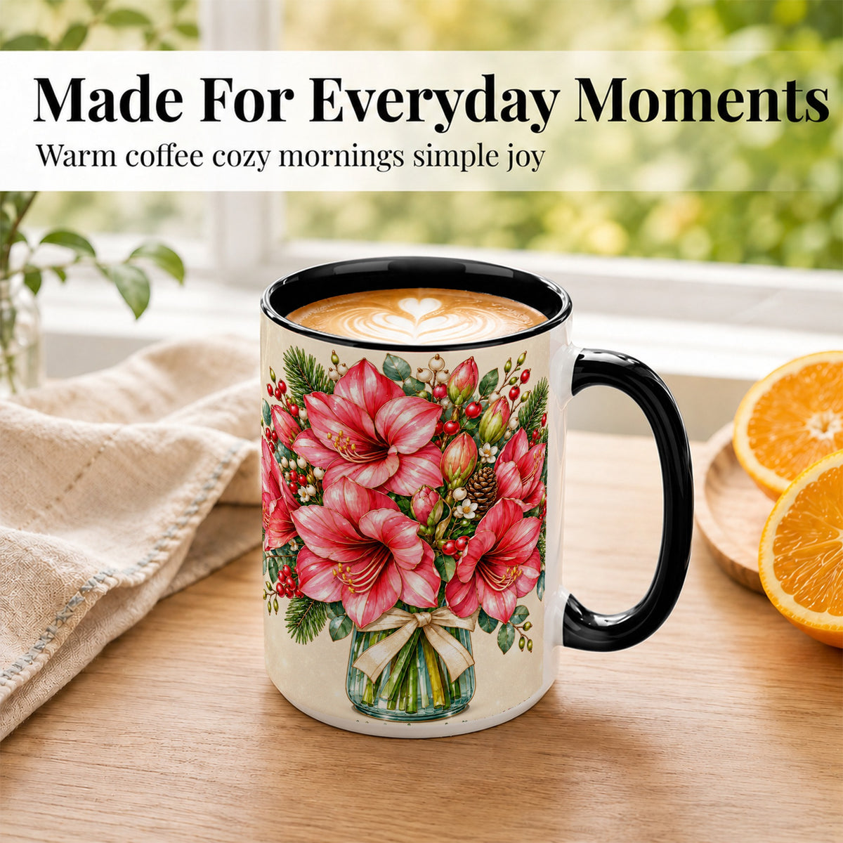 #pl[15oz|Black] Pink Amaryllis Coffee Mug, Gold Accent Floral Mug, Ceramic Cup