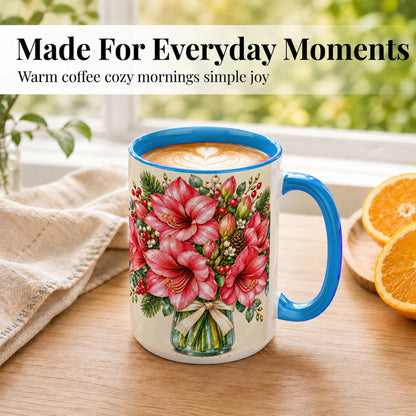 #pl[15oz|Blue] Pink Amaryllis Coffee Mug, Gold Accent Floral Mug, Ceramic Cup