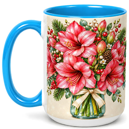 #pl[15oz|Blue] Pink Amaryllis Coffee Mug, Gold Accent Floral Mug, Ceramic Cup