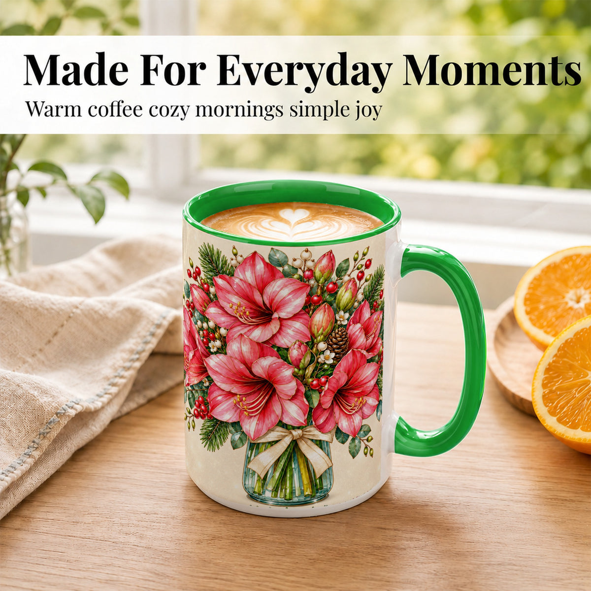 #pl[15oz|Green] Pink Amaryllis Coffee Mug, Gold Accent Floral Mug, Ceramic Cup