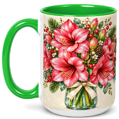 #pl[15oz|Green] Pink Amaryllis Coffee Mug, Gold Accent Floral Mug, Ceramic Cup