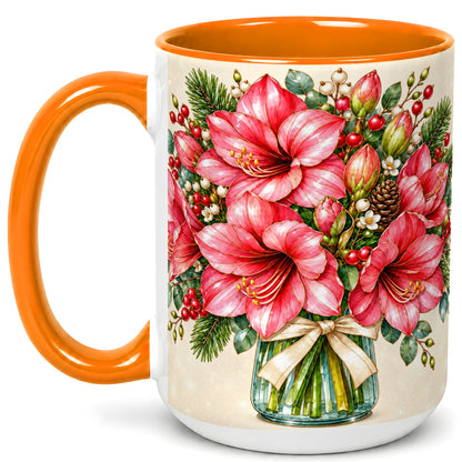 #pl[15oz|Orange] Pink Amaryllis Coffee Mug, Gold Accent Floral Mug, Ceramic Cup