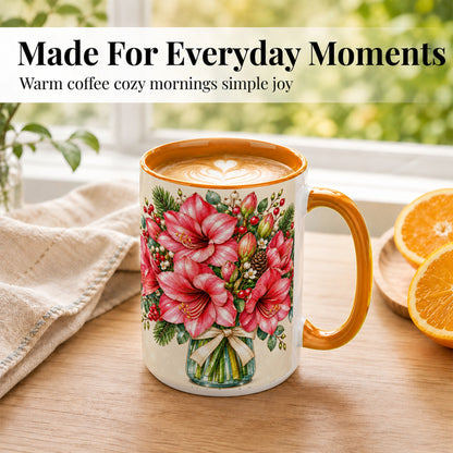 #pl[15oz|Orange] Pink Amaryllis Coffee Mug, Gold Accent Floral Mug, Ceramic Cup