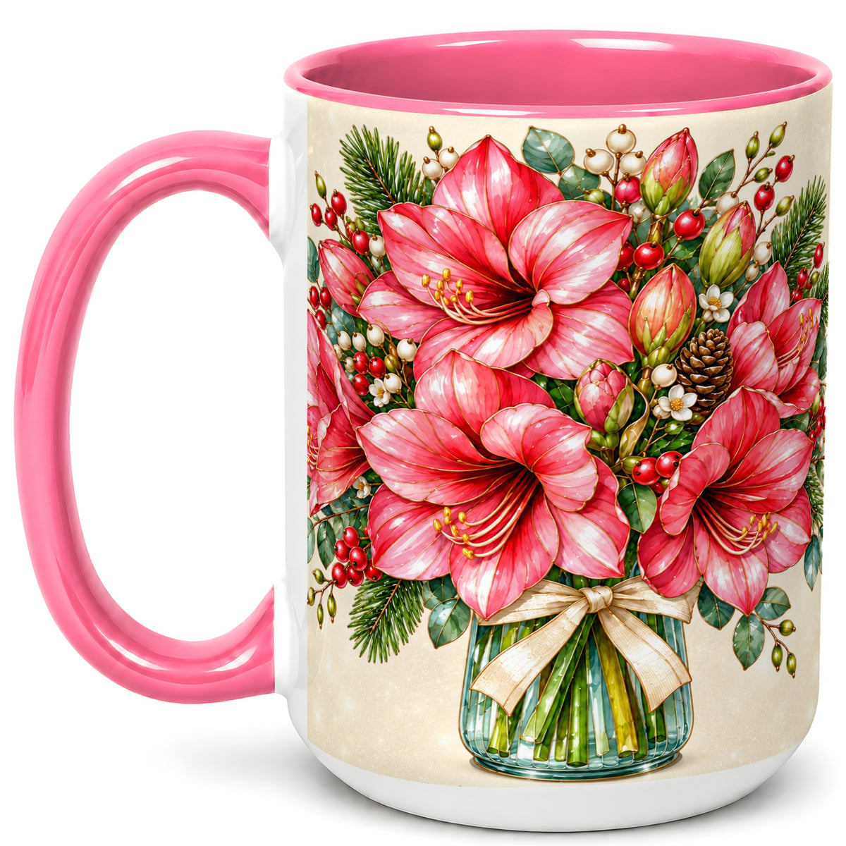 #pl[15oz|Pink] Pink Amaryllis Coffee Mug, Gold Accent Floral Mug, Ceramic Cup