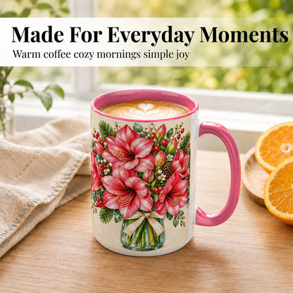 #pl[15oz|Pink] Pink Amaryllis Coffee Mug, Gold Accent Floral Mug, Ceramic Cup