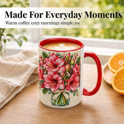 #pl[15oz|Red] Pink Amaryllis Coffee Mug, Gold Accent Floral Mug, Ceramic Cup