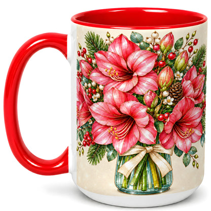 #pl[15oz|Red] Pink Amaryllis Coffee Mug, Gold Accent Floral Mug, Ceramic Cup