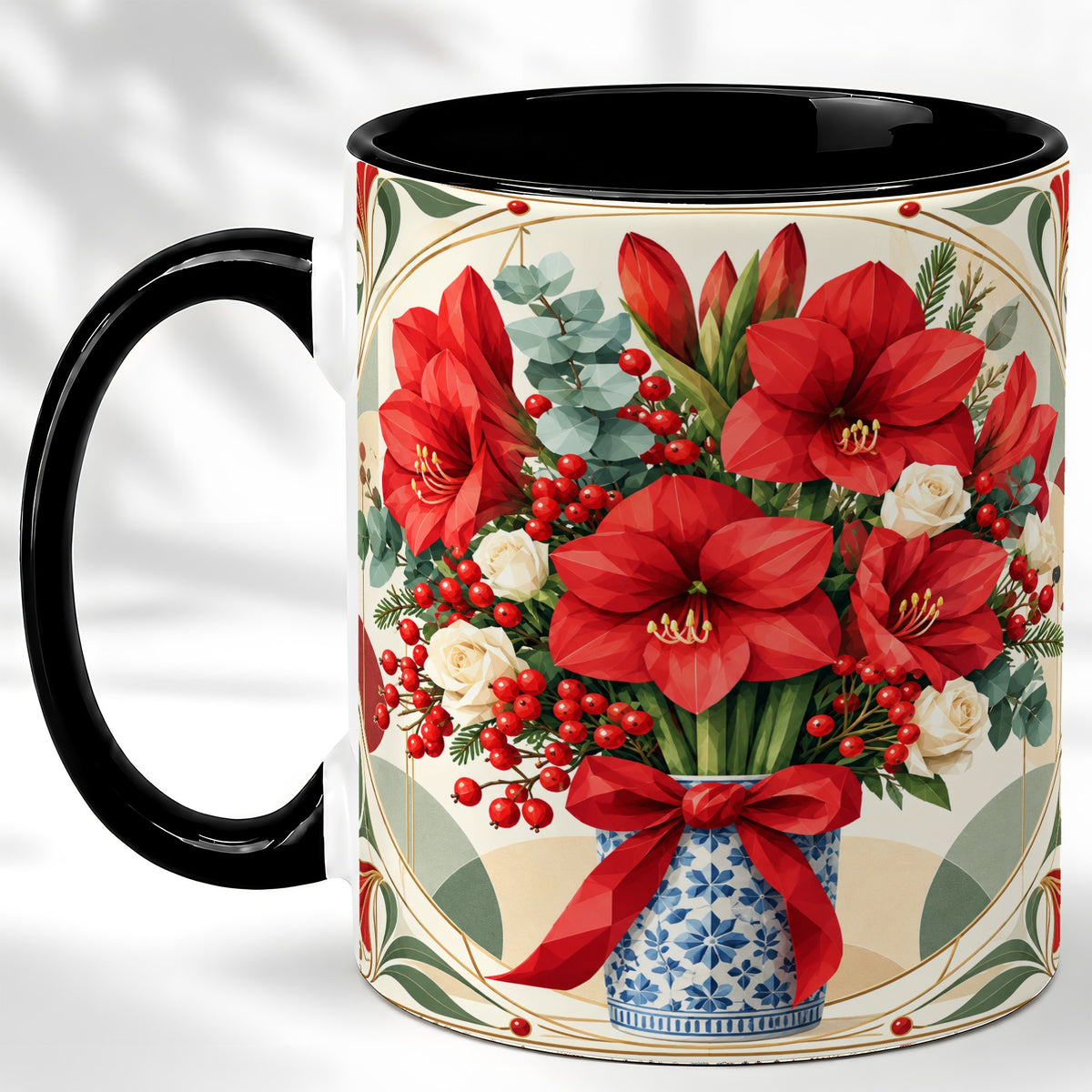 #pl[11oz|Black] Red Amaryllis Coffee Mug, Vintage Christmas Mug, Ceramic Cup