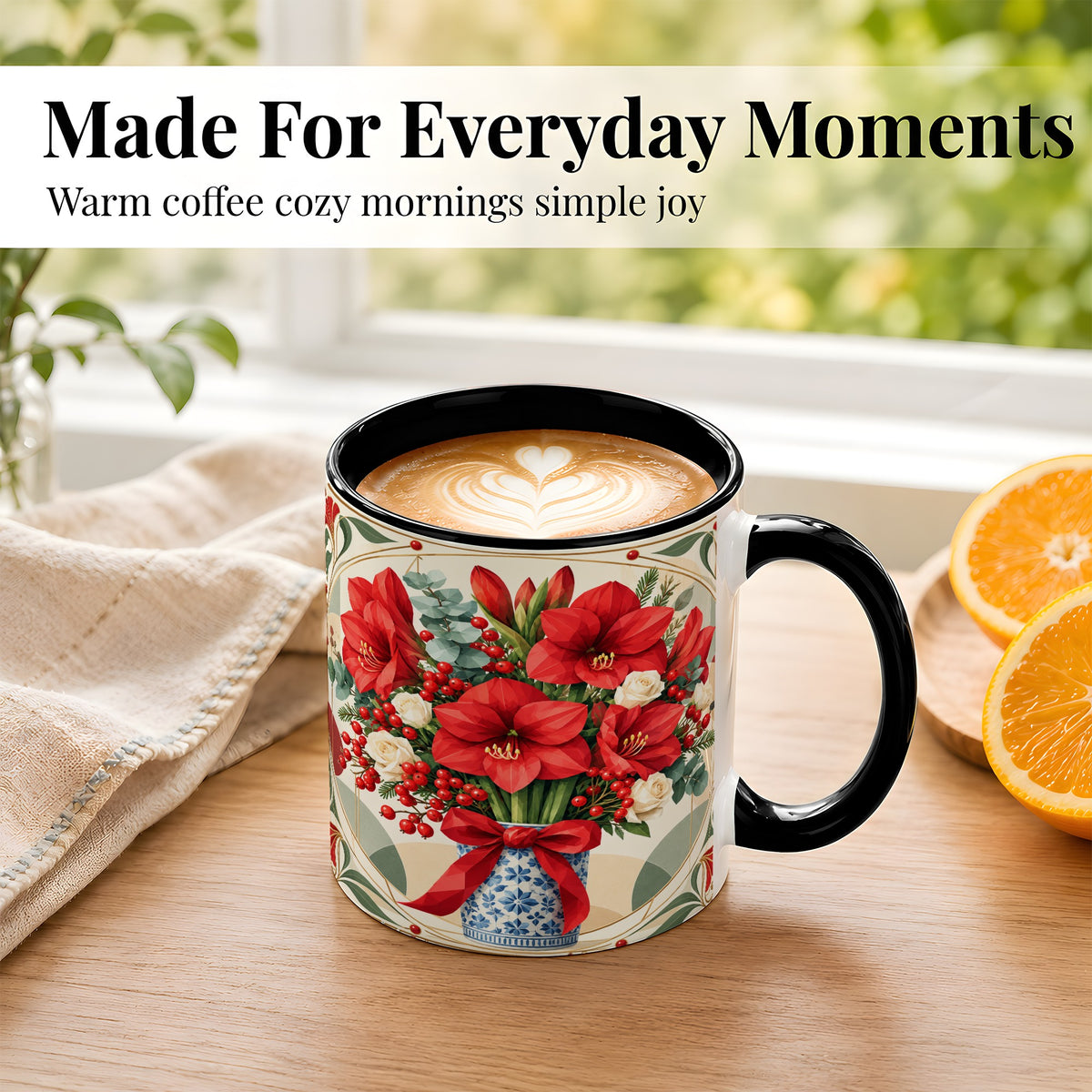 #pl[11oz|Black] Red Amaryllis Coffee Mug, Vintage Christmas Mug, Ceramic Cup