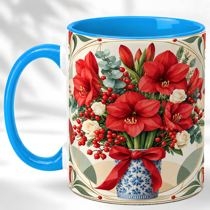 #pl[11oz|Blue] Red Amaryllis Coffee Mug, Vintage Christmas Mug, Ceramic Cup