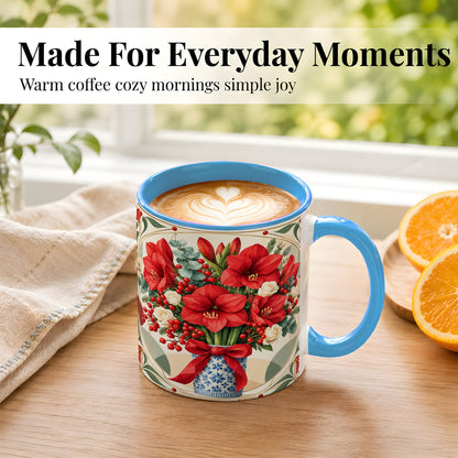 #pl[11oz|Blue] Red Amaryllis Coffee Mug, Vintage Christmas Mug, Ceramic Cup