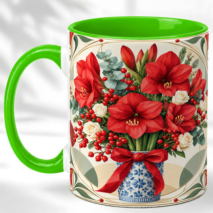 #pl[11oz|Green] Red Amaryllis Coffee Mug, Vintage Christmas Mug, Ceramic Cup