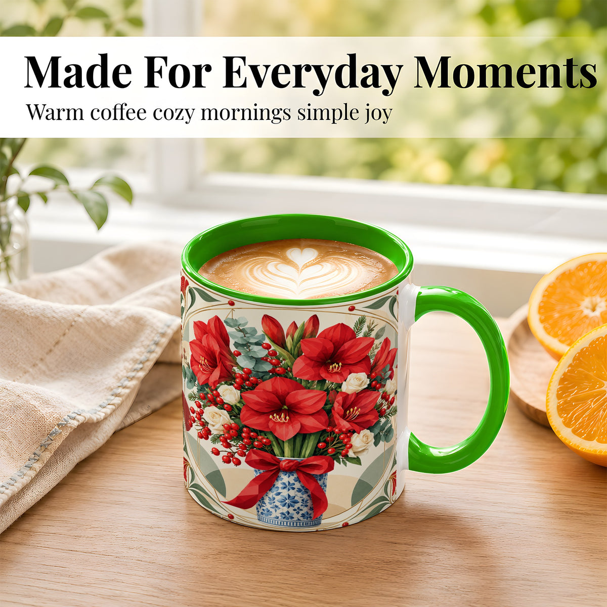 #pl[11oz|Green] Red Amaryllis Coffee Mug, Vintage Christmas Mug, Ceramic Cup
