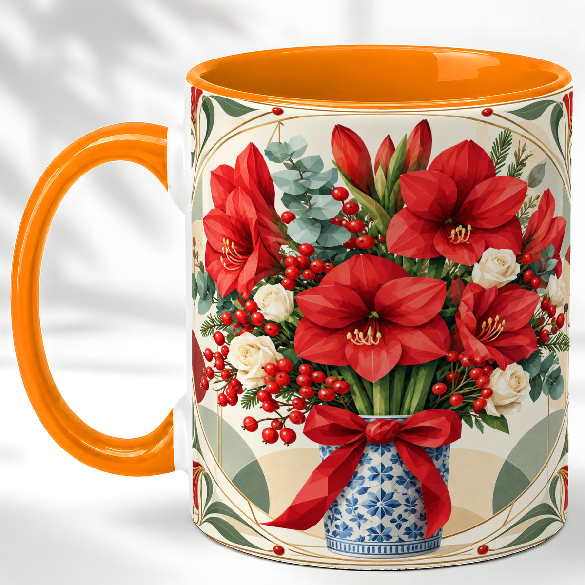 #pl[11oz|Orange] Red Amaryllis Coffee Mug, Vintage Christmas Mug, Ceramic Cup