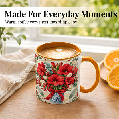 #pl[11oz|Orange] Red Amaryllis Coffee Mug, Vintage Christmas Mug, Ceramic Cup