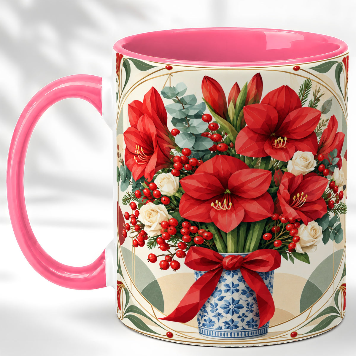 #pl[11oz|Pink] Red Amaryllis Coffee Mug, Vintage Christmas Mug, Ceramic Cup