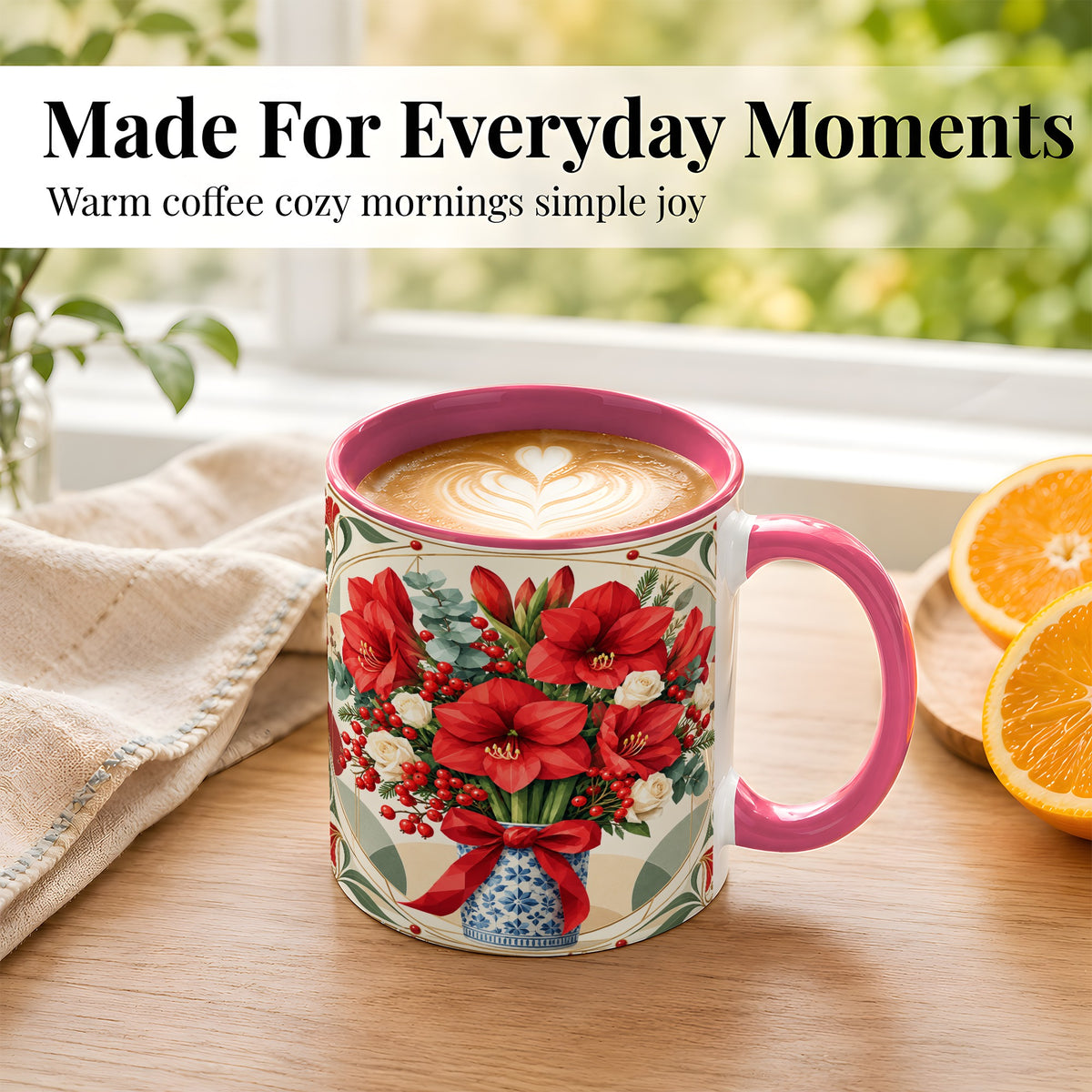 #pl[11oz|Pink] Red Amaryllis Coffee Mug, Vintage Christmas Mug, Ceramic Cup