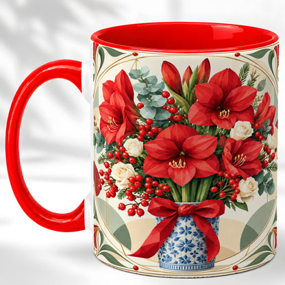Red Amaryllis Coffee Mug, Vintage Christmas Mug, Ceramic Cup