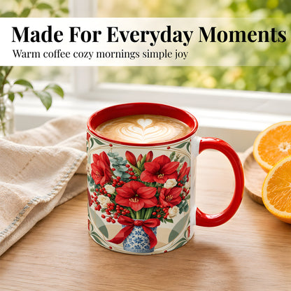 #pl[11oz|Red] Red Amaryllis Coffee Mug, Vintage Christmas Mug, Ceramic Cup