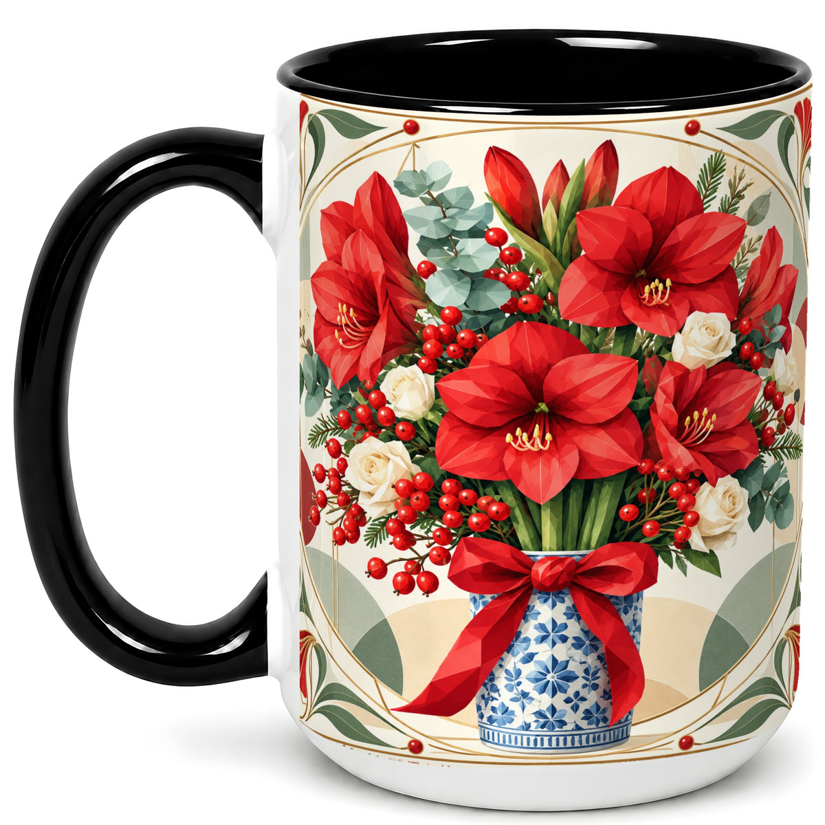 #pl[15oz|Black] Red Amaryllis Coffee Mug, Vintage Christmas Mug, Ceramic Cup