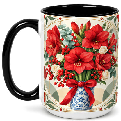 #pl[15oz|Black] Red Amaryllis Coffee Mug, Vintage Christmas Mug, Ceramic Cup