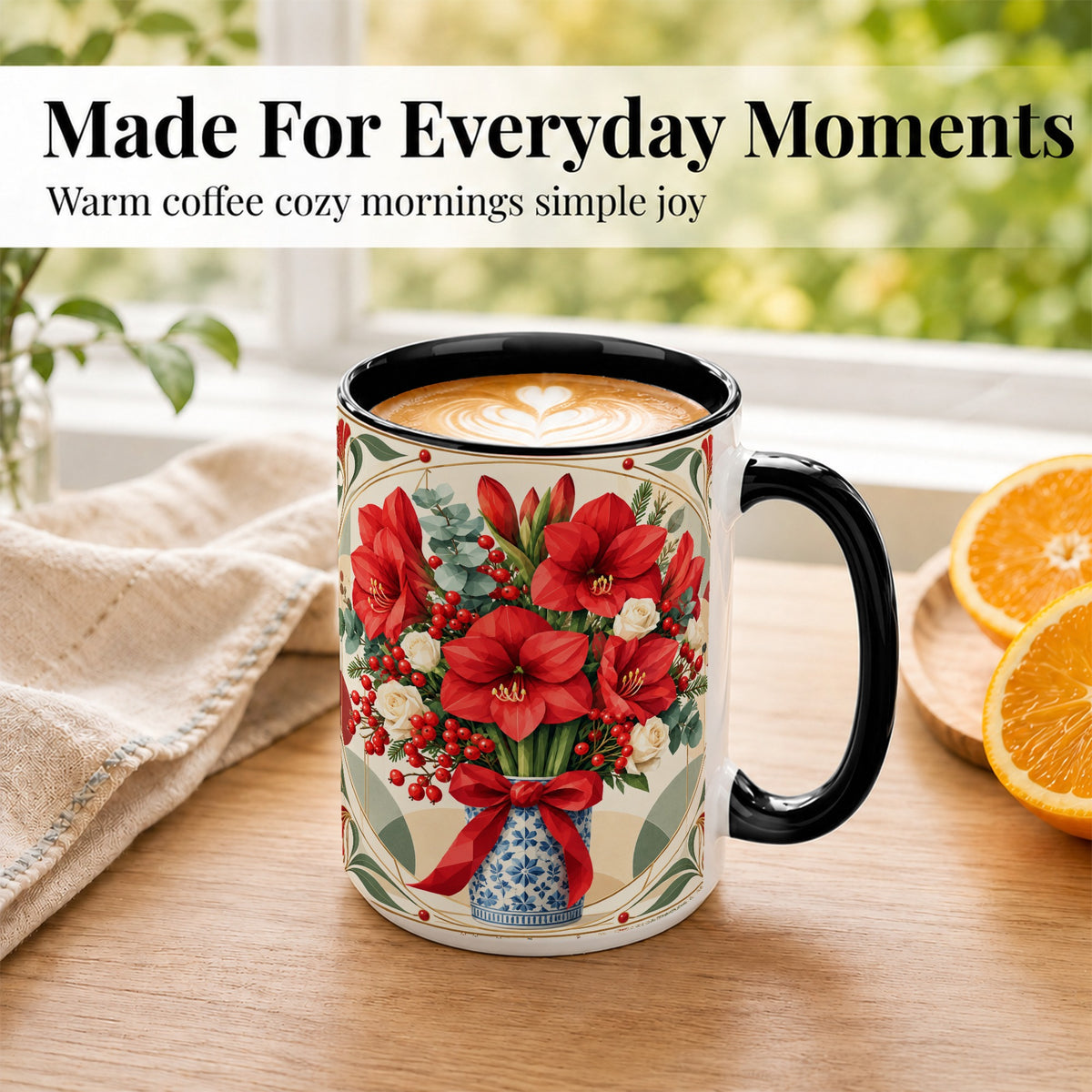 #pl[15oz|Black] Red Amaryllis Coffee Mug, Vintage Christmas Mug, Ceramic Cup