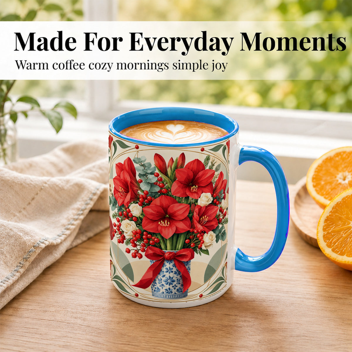 #pl[15oz|Blue] Red Amaryllis Coffee Mug, Vintage Christmas Mug, Ceramic Cup