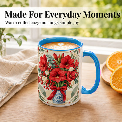 #pl[15oz|Blue] Red Amaryllis Coffee Mug, Vintage Christmas Mug, Ceramic Cup