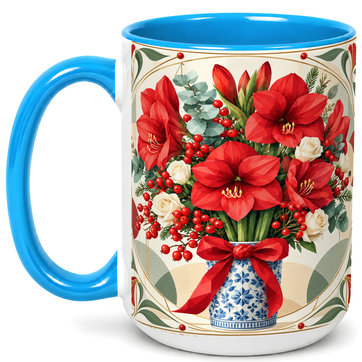 #pl[15oz|Blue] Red Amaryllis Coffee Mug, Vintage Christmas Mug, Ceramic Cup
