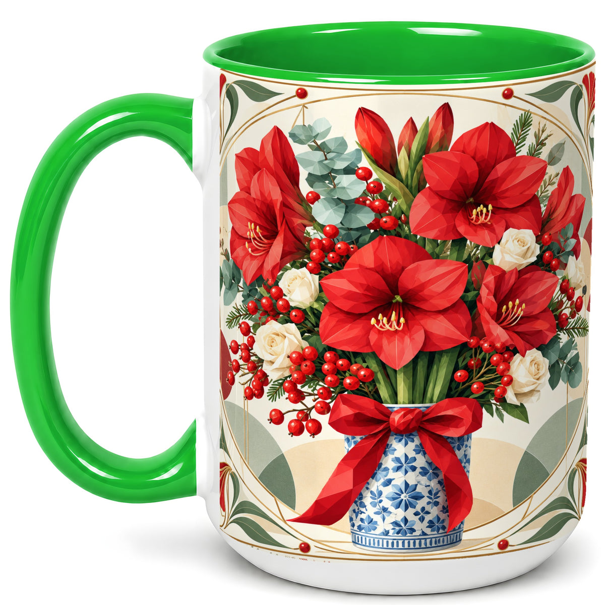 #pl[15oz|Green] Red Amaryllis Coffee Mug, Vintage Christmas Mug, Ceramic Cup