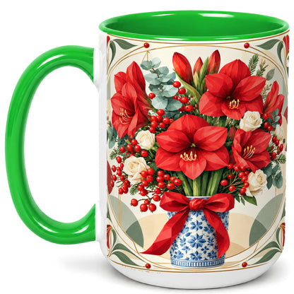 #pl[15oz|Green] Red Amaryllis Coffee Mug, Vintage Christmas Mug, Ceramic Cup